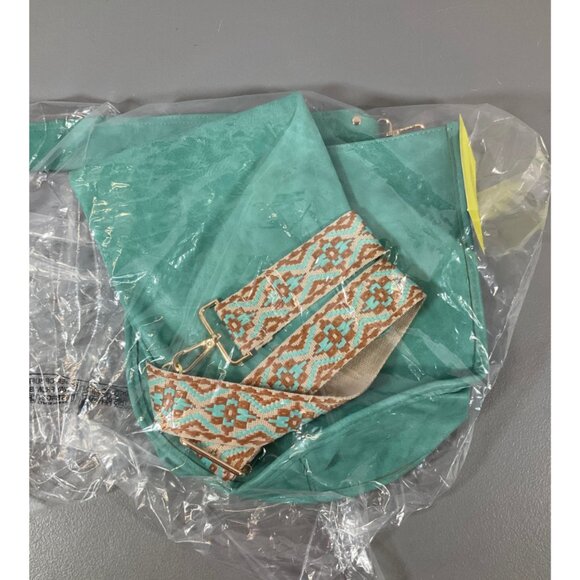 ahdorned Aqua U-Shaped Messenger Bag with Dual Straps and Bonus Pouch, Faux Leat - Picture 3 of 10